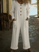 Cozy Round-neck Button-up Linen Jumpsuit