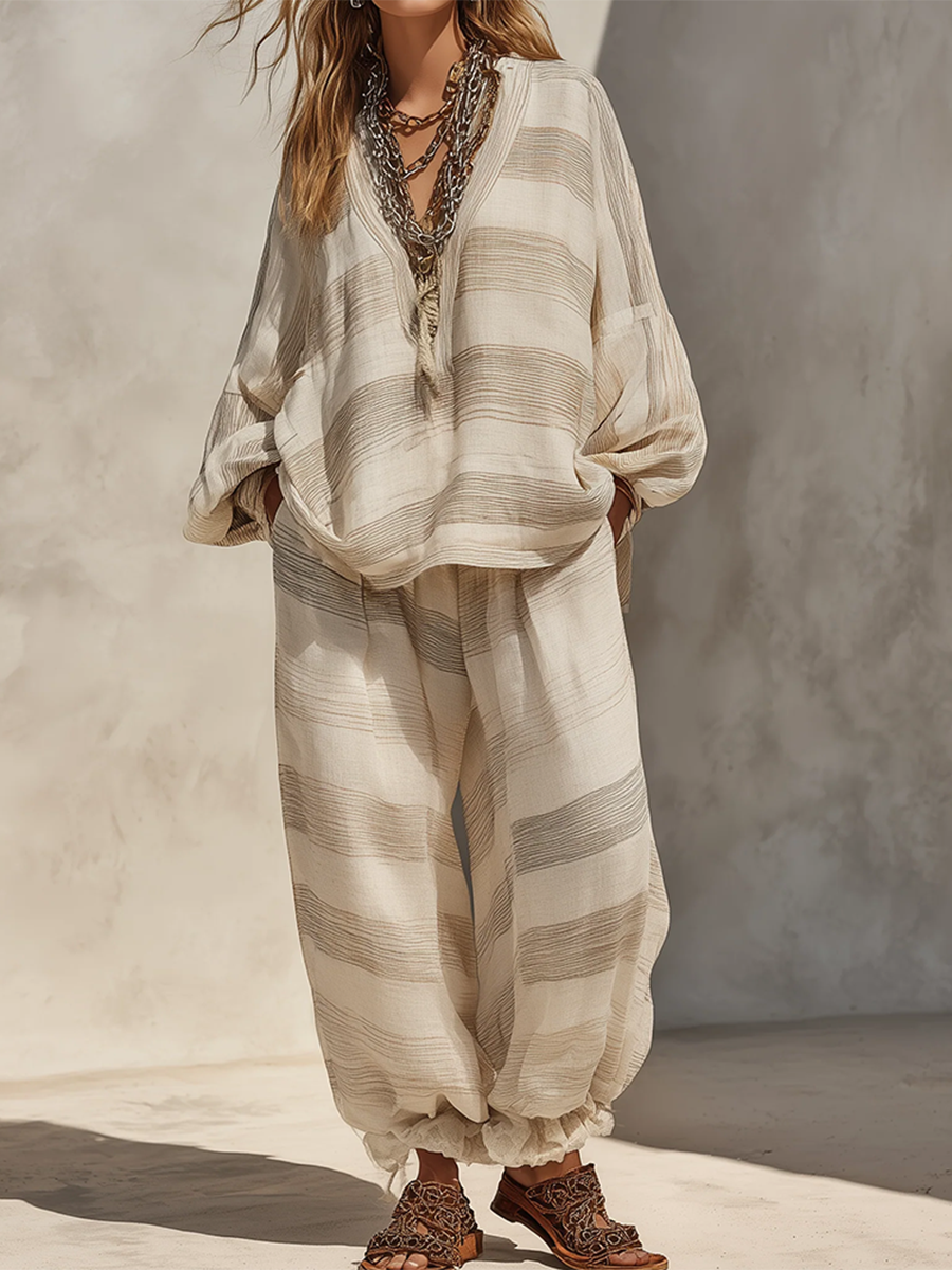 Boho Casual Vacation Style Striped Print Two-piece Set