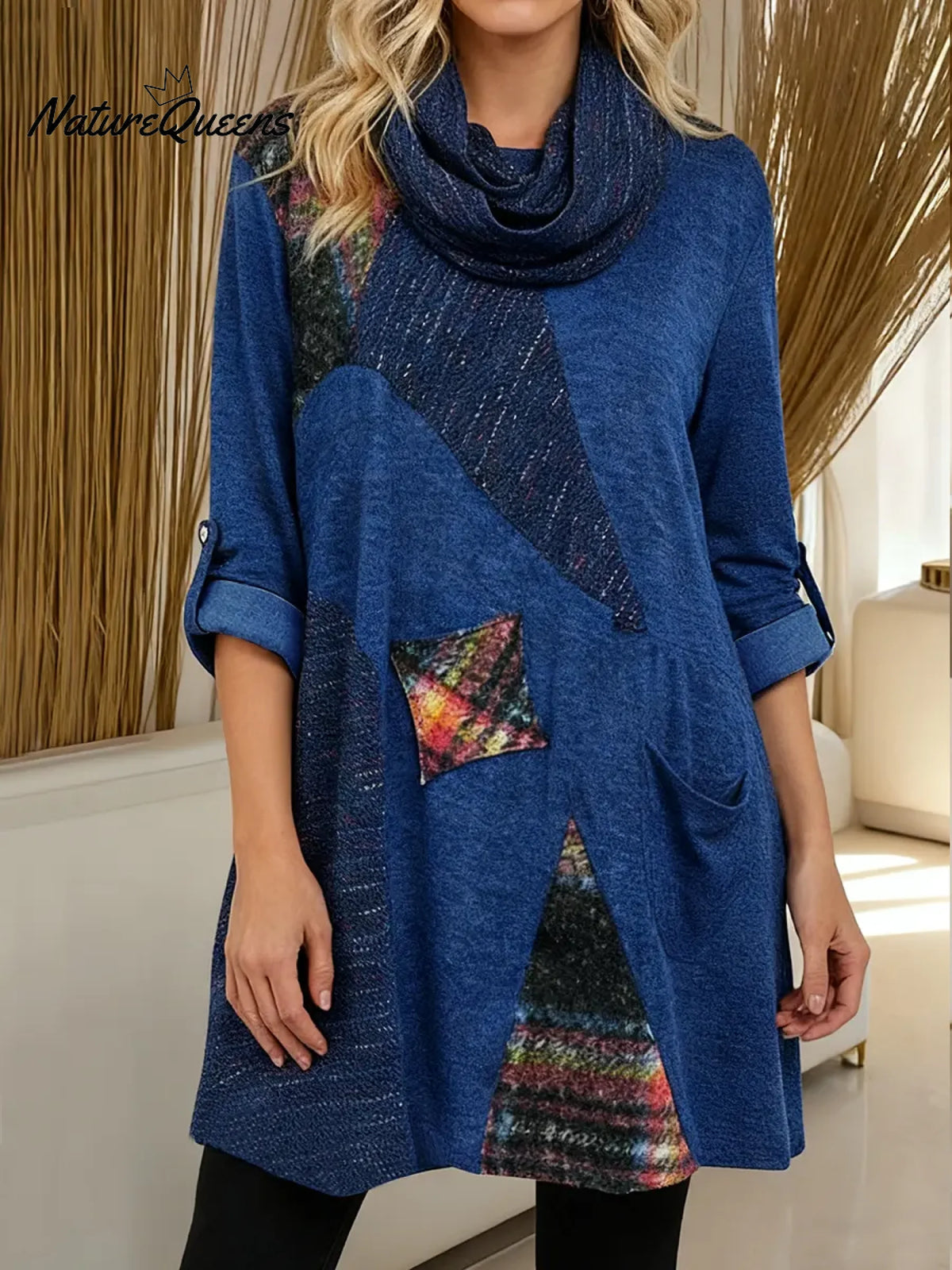 Women's Geometric Patchwork Print Swing Neck Long Sleeve Casual Loose Knit Top