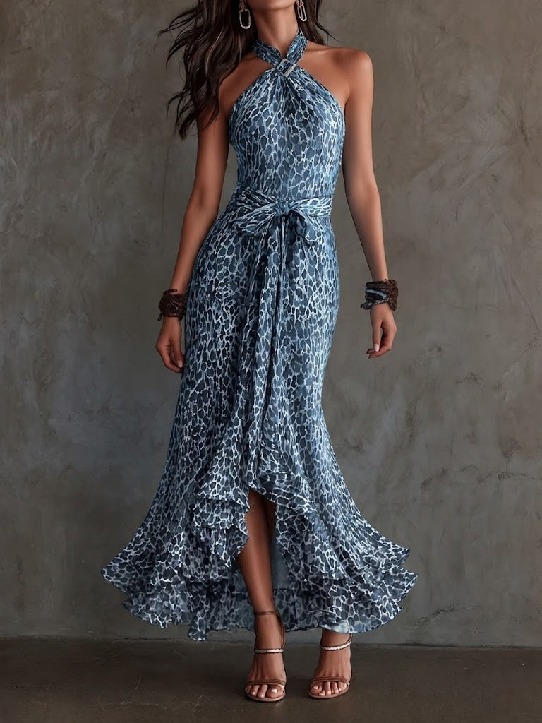 Stylish Leopard Print Halter Chiffon Dress