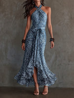 Stylish Leopard Print Halter Chiffon Dress