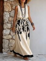 Artistic Floral & Leaf Print Cotton-linen Two-piece Set (skirt & Top)