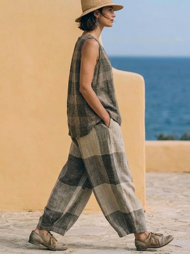 Casual Retro Plaid Linen-cotton Sleeveless Top And Pants Two-piece Set