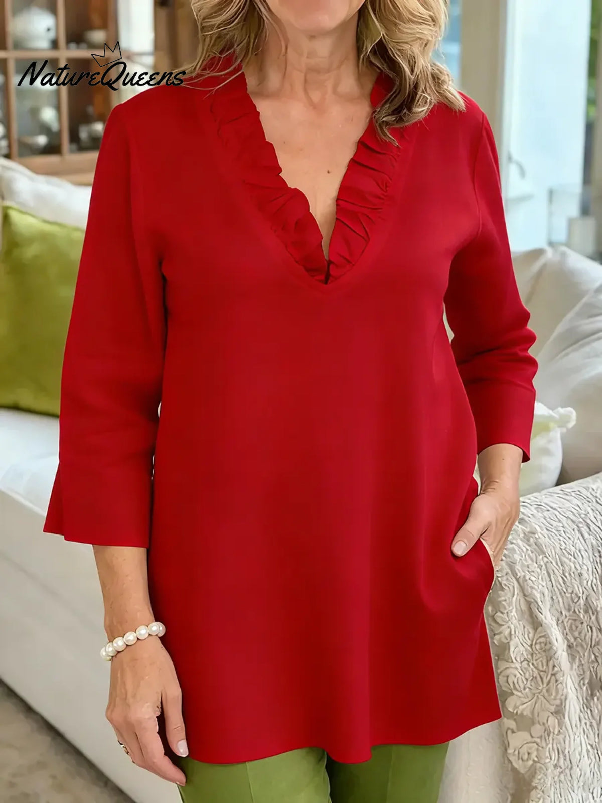 Women's Solid Color V-neck 3/4 Sleeve Casual Loose Cotton And Linen Top