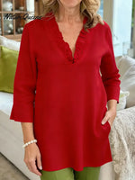 Women's Solid Color V-neck 3/4 Sleeve Casual Loose Cotton And Linen Top