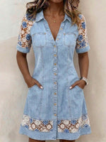 Women's Short-sleeve Casual Loose Denim-paneled Dress With Shirt Collar