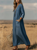 Casual V-neck Patch Pockets Denim Dress