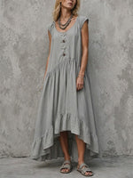 Cotton-linen Long Dress With Cap Sleeves, Button-front Placket, And Asymmetrical Ruffled Hem