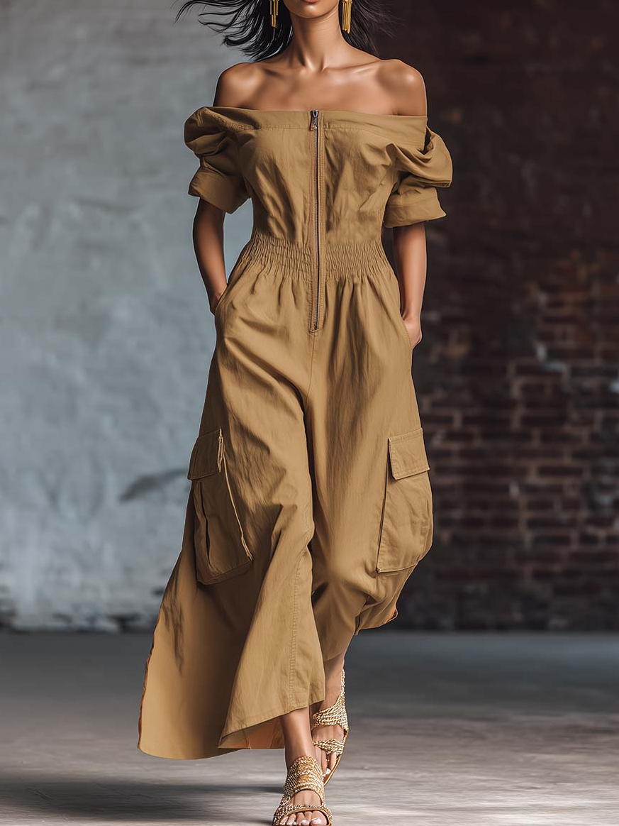 Elegant Off-the-shoulder Zippered Cotton Jumpsuit