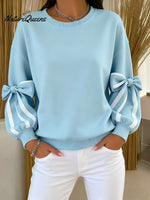 Women's Crew Neck Long Sleeve Color Block Bow Casual Loose Sweatshirt
