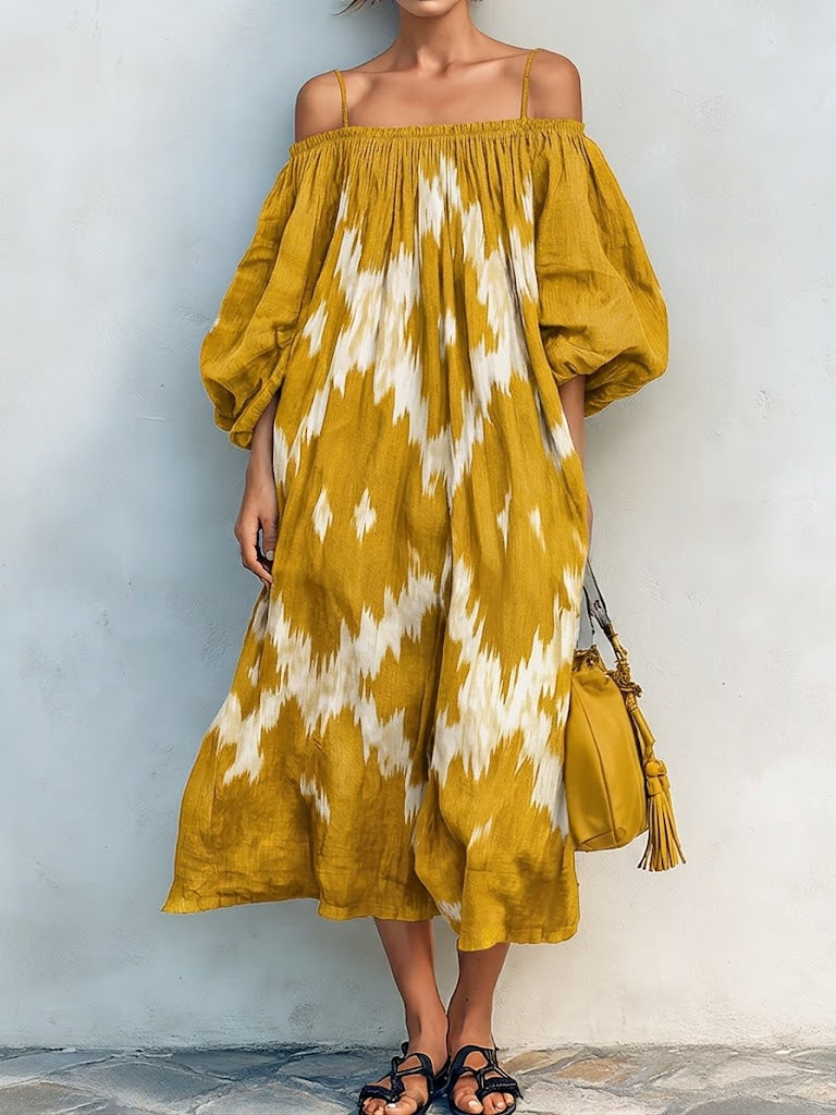 Bohemian Artistic Print Linen And Cotton Strappy Dress