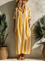 Women's Striped Print Lapel 3/4-sleeve Casual Loose Cotton-linen Dress