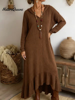 Boho Casual Loose-fitting Hooded Ruffled Hem Midi Knit Dress