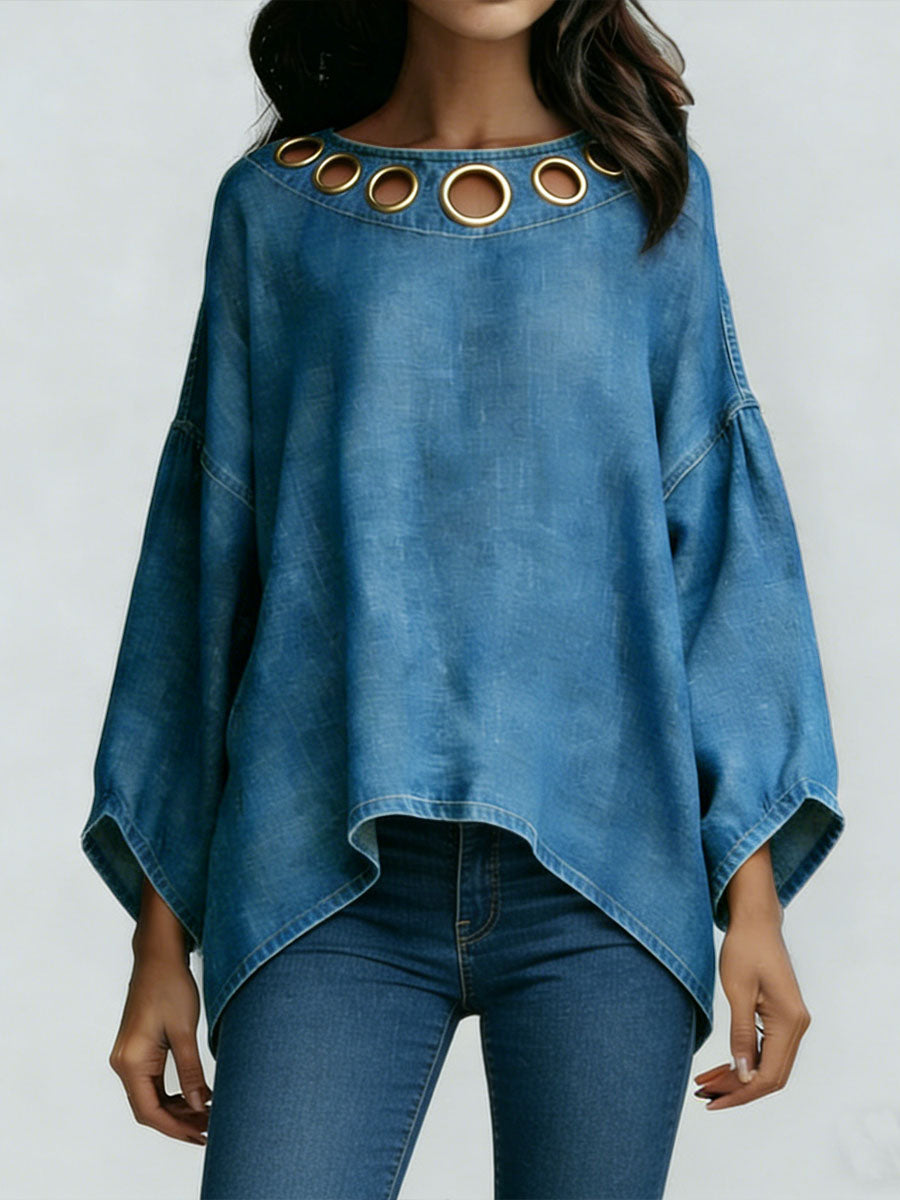 Women's Round Neck Long-sleeved Loose-fitting Casual Denim Top