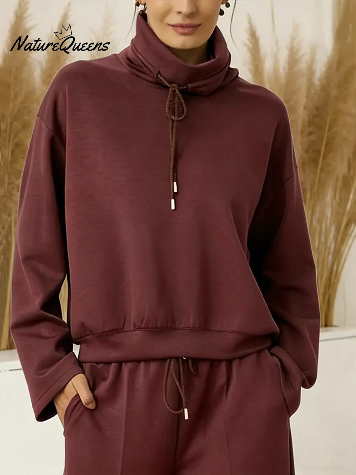 Women's Solid Color High-neck Drawstring Long-sleeve Casual Loose-fitting Sweatshirt