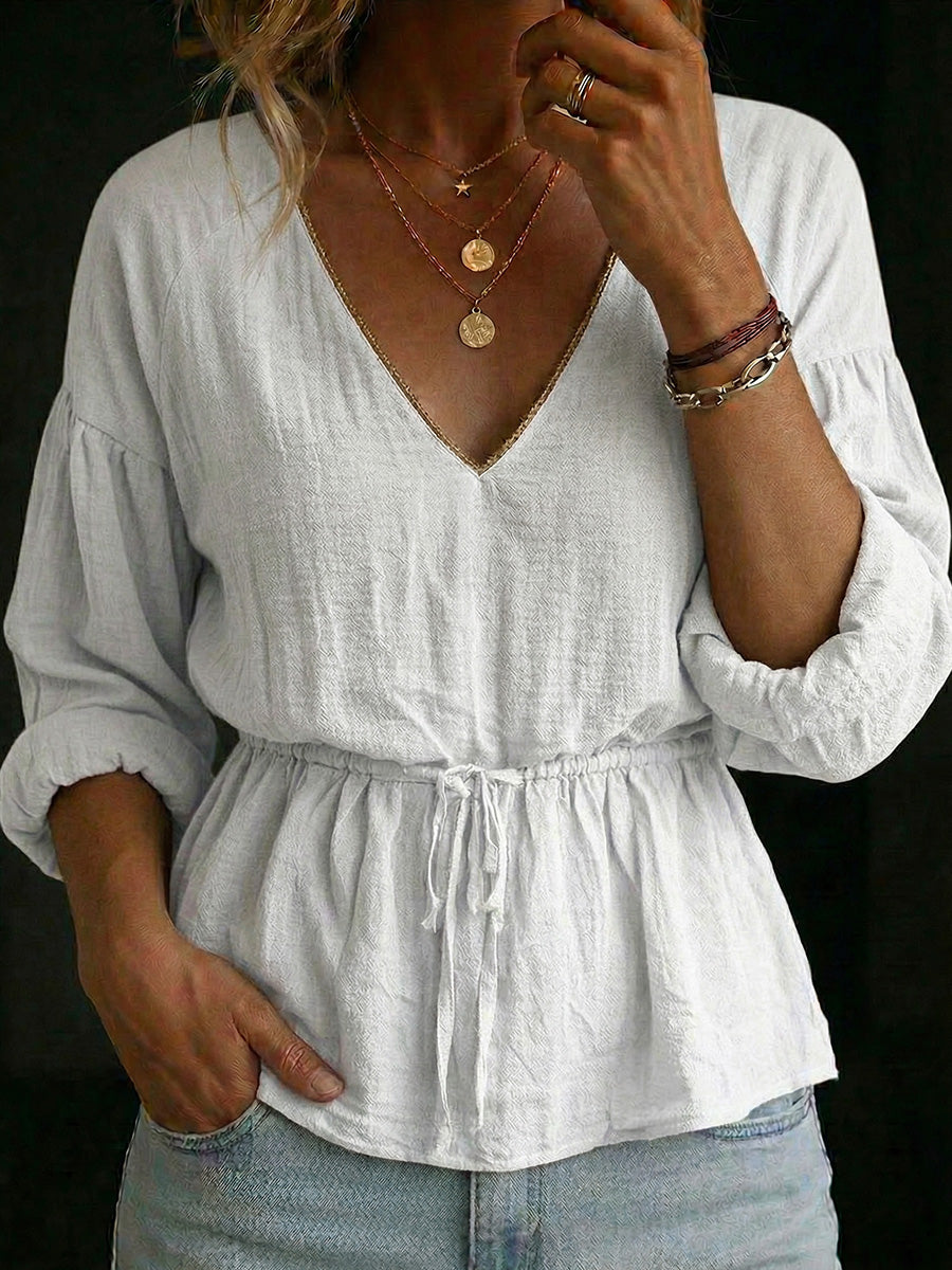 Women's V-neck Long-sleeve Linen Cotton Top