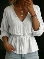Women's V-neck Long-sleeve Linen Cotton Top