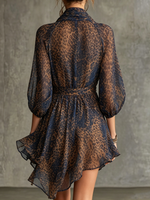 Leopard-print Cowl-neck Dress With Cinched Waist And Asymmetrical Hem