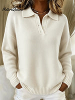 Classic Polo Neck Button-Down Solid Color Sweater Top