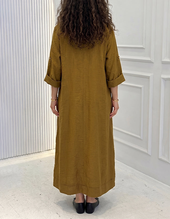 Women's V-Neck Short-Sleeve Linen-Blend Loose Maxi Dress