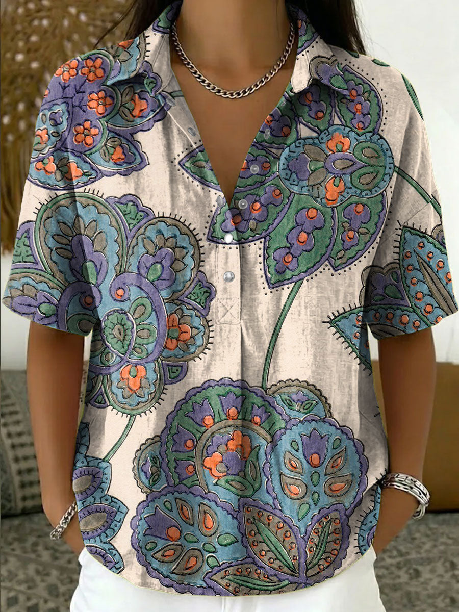 Women's Vintage Botanical Floral Casual Polo Collar Short-sleeved Linen And Cotton Shirt