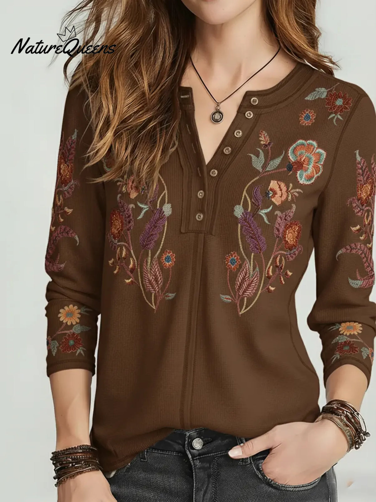 Women's Floral Print Stretch Knit Cotton Henley Top