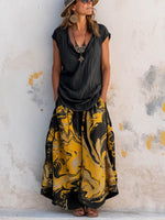 Women's Solid-color Crew Neck Short-sleeve Loose-fit Cotton-linen Top & High-waisted A-line Printed Cotton-linen Skirt Set