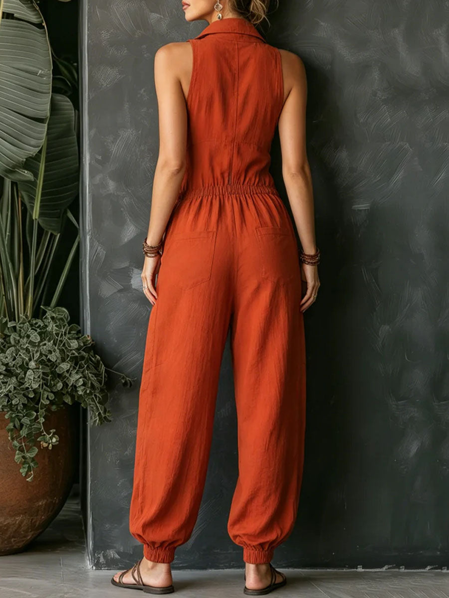 Women's Placement-print Collared Sleeveless Loose-fit Wide-leg Jumpsuit