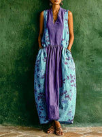Women's Vintage-print Patchwork V-neck Sleeveless Loose-fit Cotton-linen Casual Dress