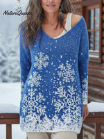 Blue Snowy Night V-neck Loose-fitting Sweater