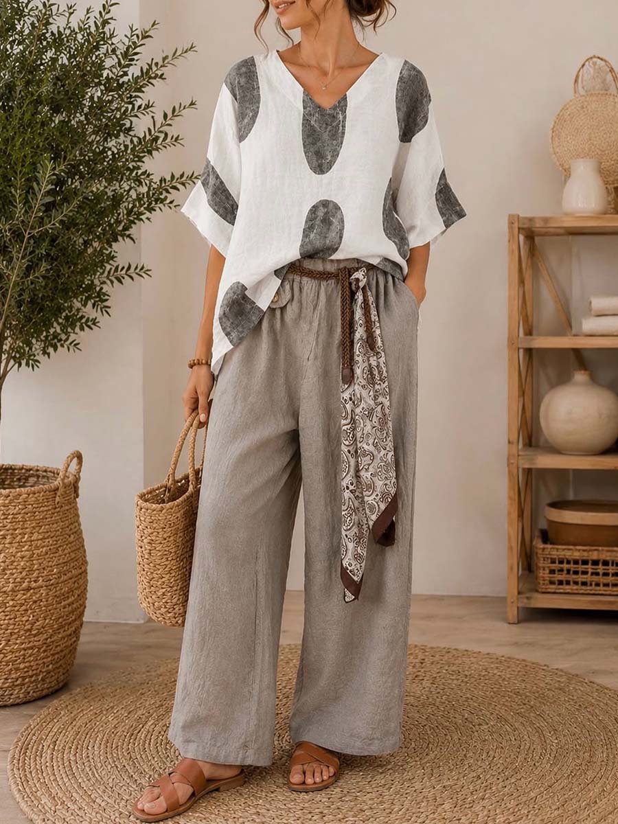 Women's Retro Geometric Print V-neck 3/4-sleeve Loose-fit Cotton-linen Top & Solid High-waisted Wide-leg Pants Set
