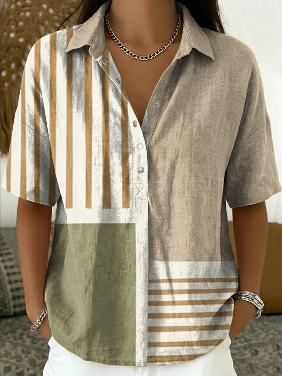 Women's Color-block Loose-fit Casual Cotton-linen Short-sleeve Popover Shirt