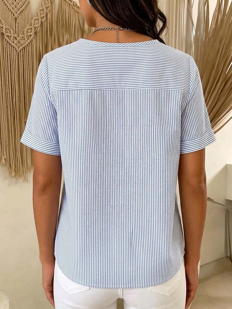 Women's Striped Pattern Art Print Casual Short Sleeve Cotton Shirt