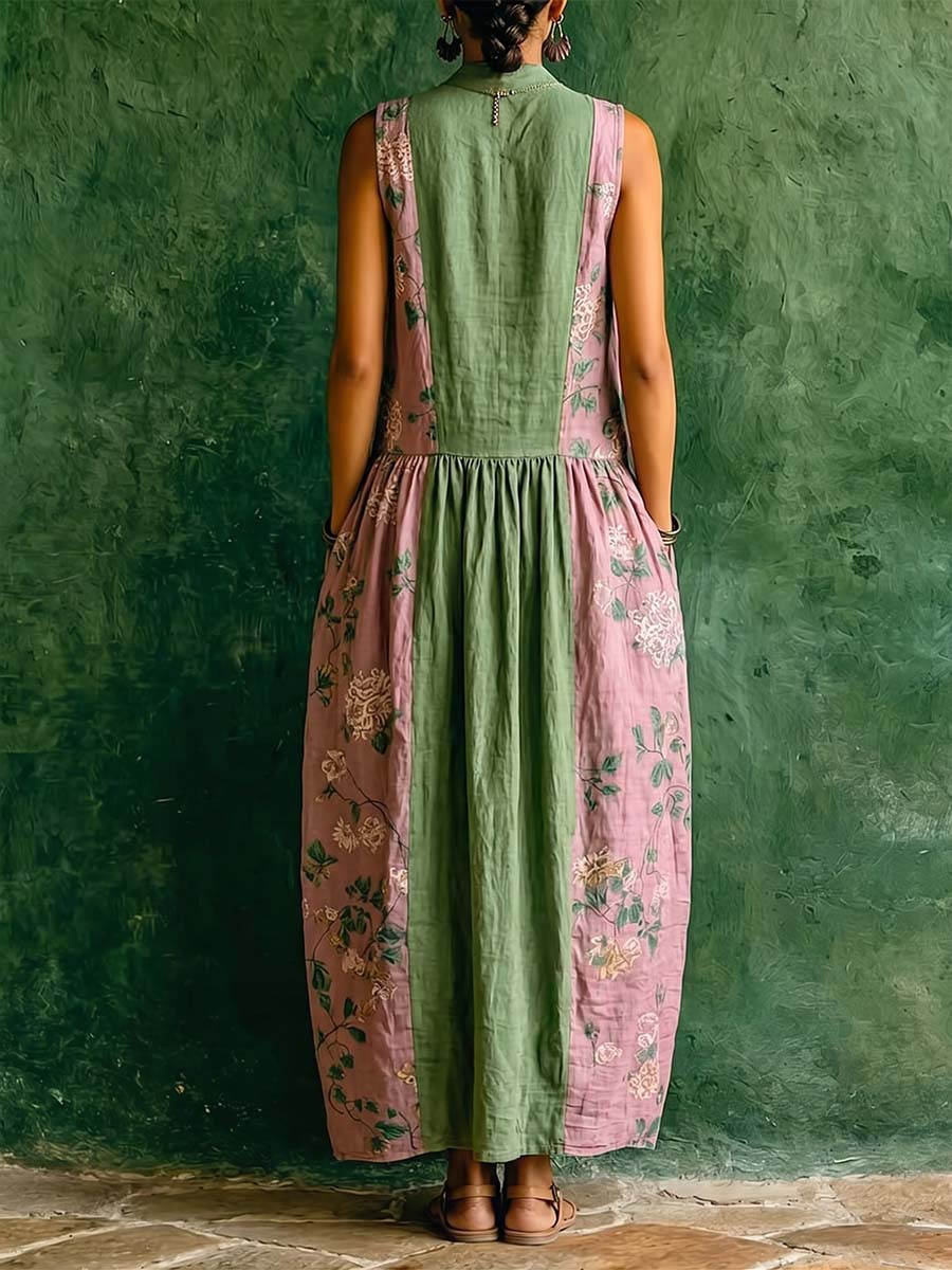 Women's Vintage-print Patchwork V-neck Sleeveless Loose-fit Cotton-linen Casual Dress