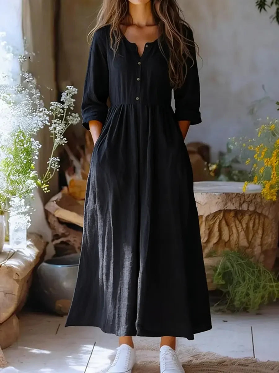 Women's Solid Color Casual Classy Cotton Linen Long Sleeve Dress