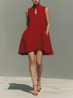 Women's Solid-color Stand-collar Sleeveless Loose-fit Casual Cotton Dress
