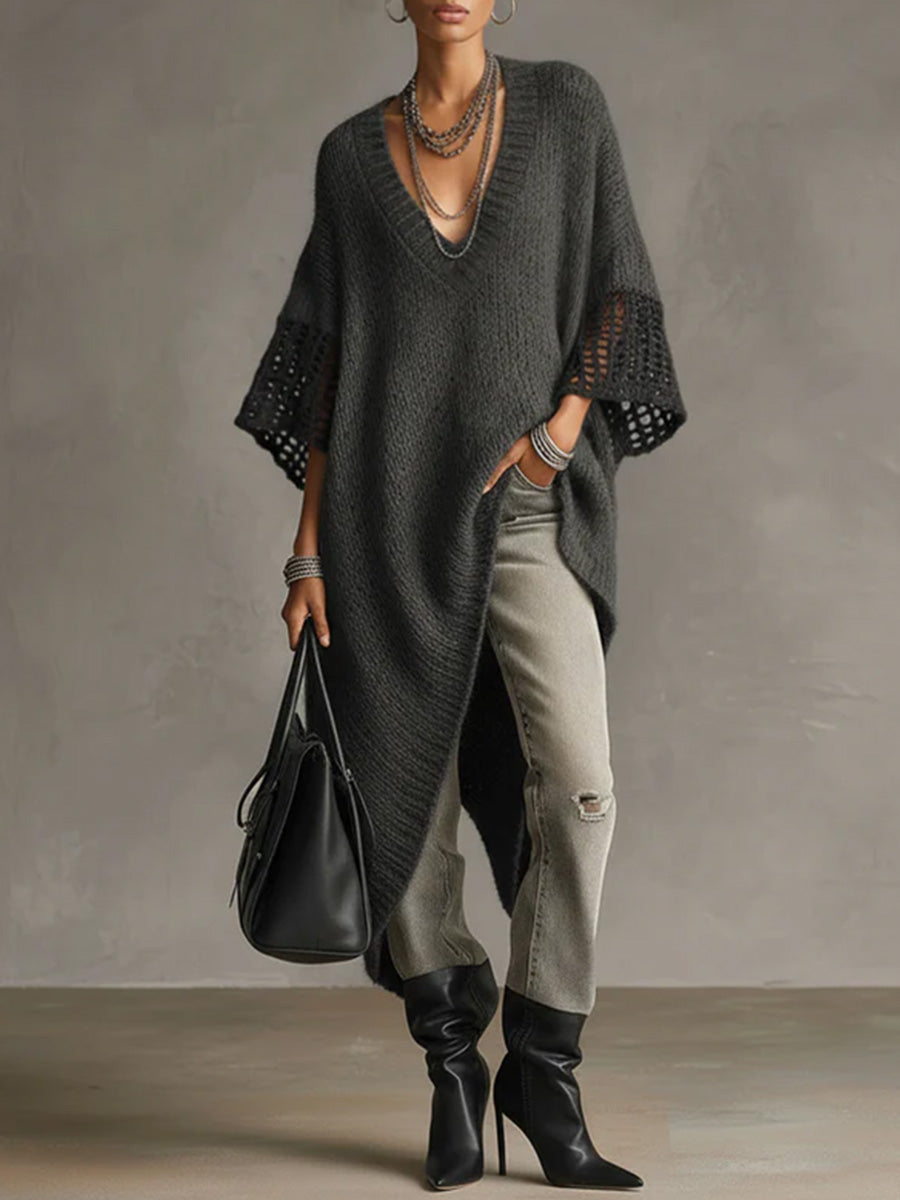 Women's Solid Color V-neck 3/4 Sleeve Casual Loose Knit Dress