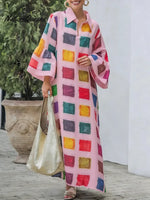 Women's Colorful Geometric Print V-neck Long Sleeve Casual Cotton Linen Dress