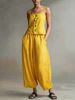 Women's Solid Color Sleeveless Casual Loose Camisole Top With Elastic Waist And Wide-leg Pants Cotton Set