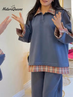 Women's Plaid Patchwork Cotton Sweatshirt And Pants Two-piece Set