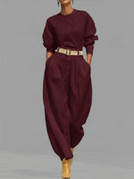 Casual Linen And Cotton Crew-neck Shirt And High-waisted Tapered Trousers Two-piece Set.
