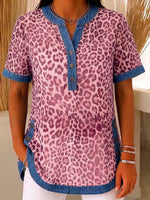 Women's V-neck Short-sleeve Casual Loose Denim Top With Leopard Print Paneling