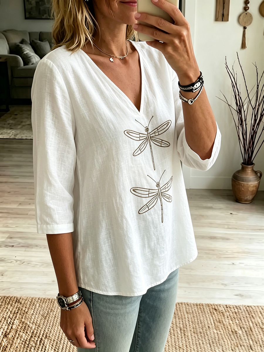Boho Dragonfly-print Cozy V-neck Cotton-linen Shirt