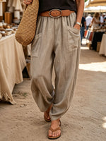 Womens Solid Color Causal Elastic Waist Cotton-linen Pants