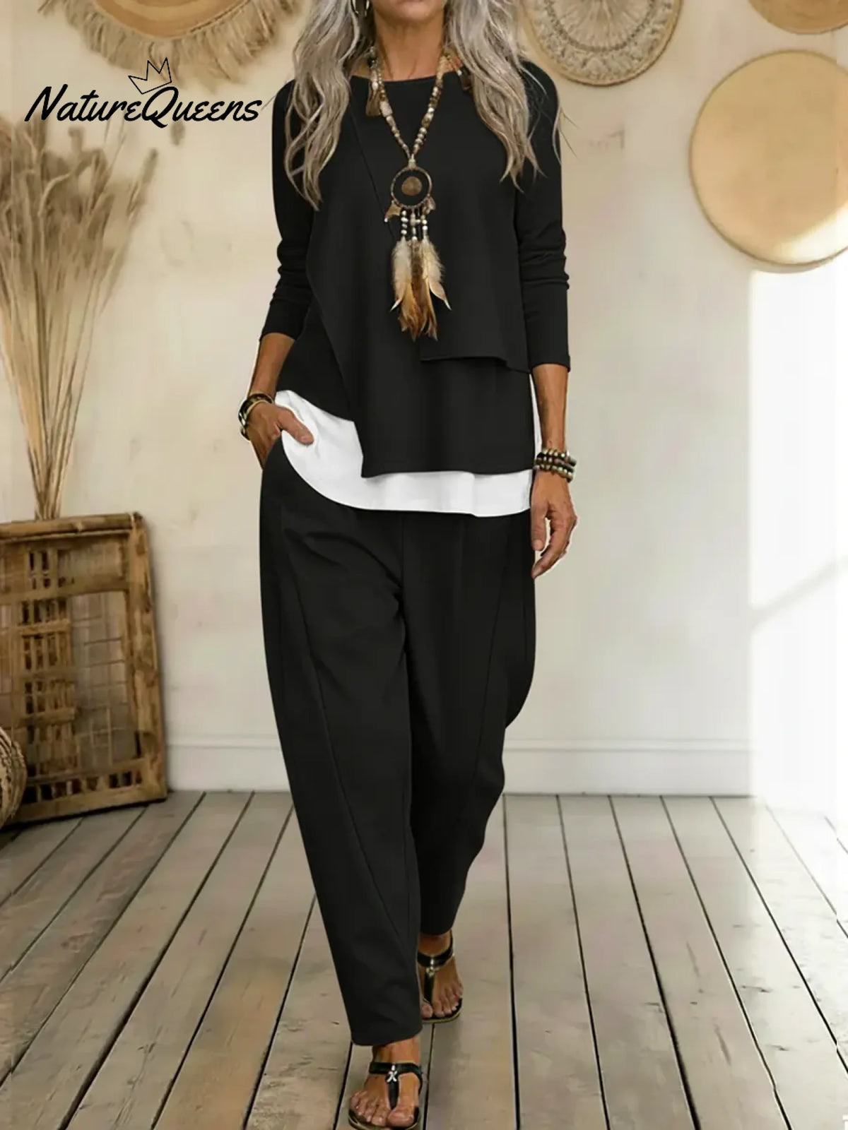 Women's Casual Asymmetrical Hem Cotton Top And Pants Two-piece Set