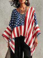 Women's Vintage Flag Print V-neck 3/4-sleeve Casual Loose Cotton-linen Top