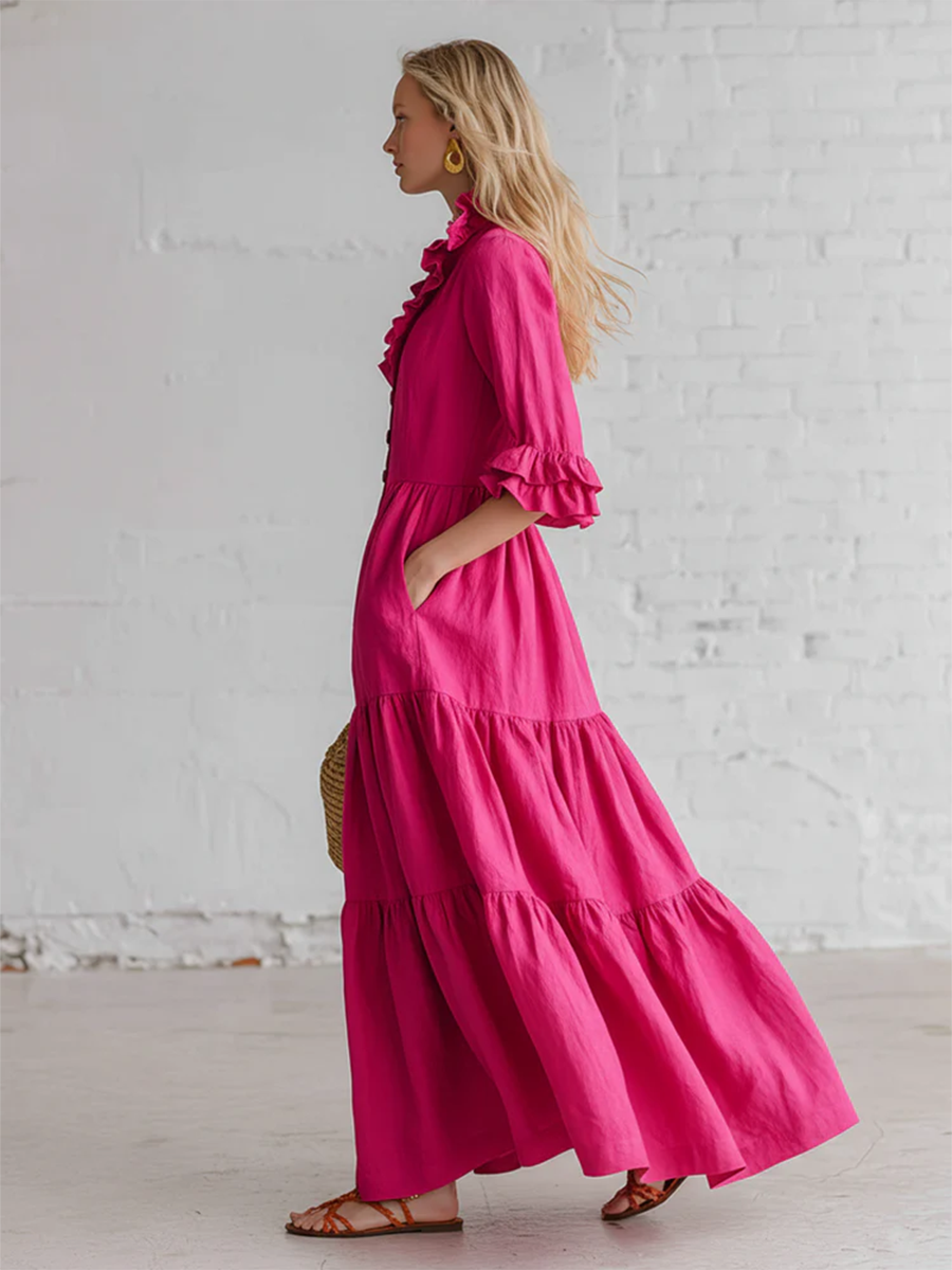 Retro Ruffled Stand-collar Maxi Dress