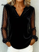 Women's V-neck Lace Patchwork Long-sleeved Velvet Top T-shirt