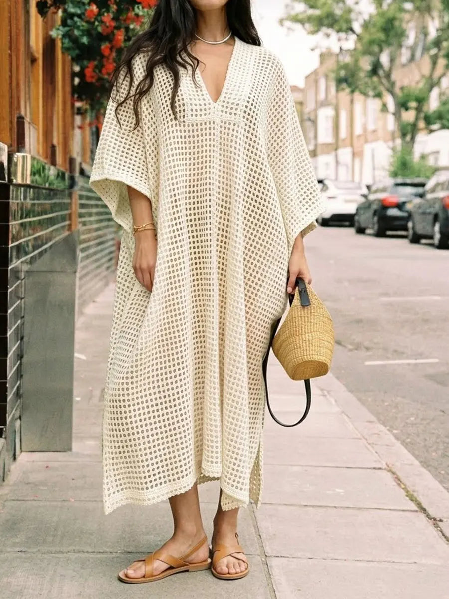 Women Deep V Neck Batwing Sleeve Open Crochet Mesh Kaftan Dress, Side Split Loose Oversized Beach Cover Up Maxi Dress