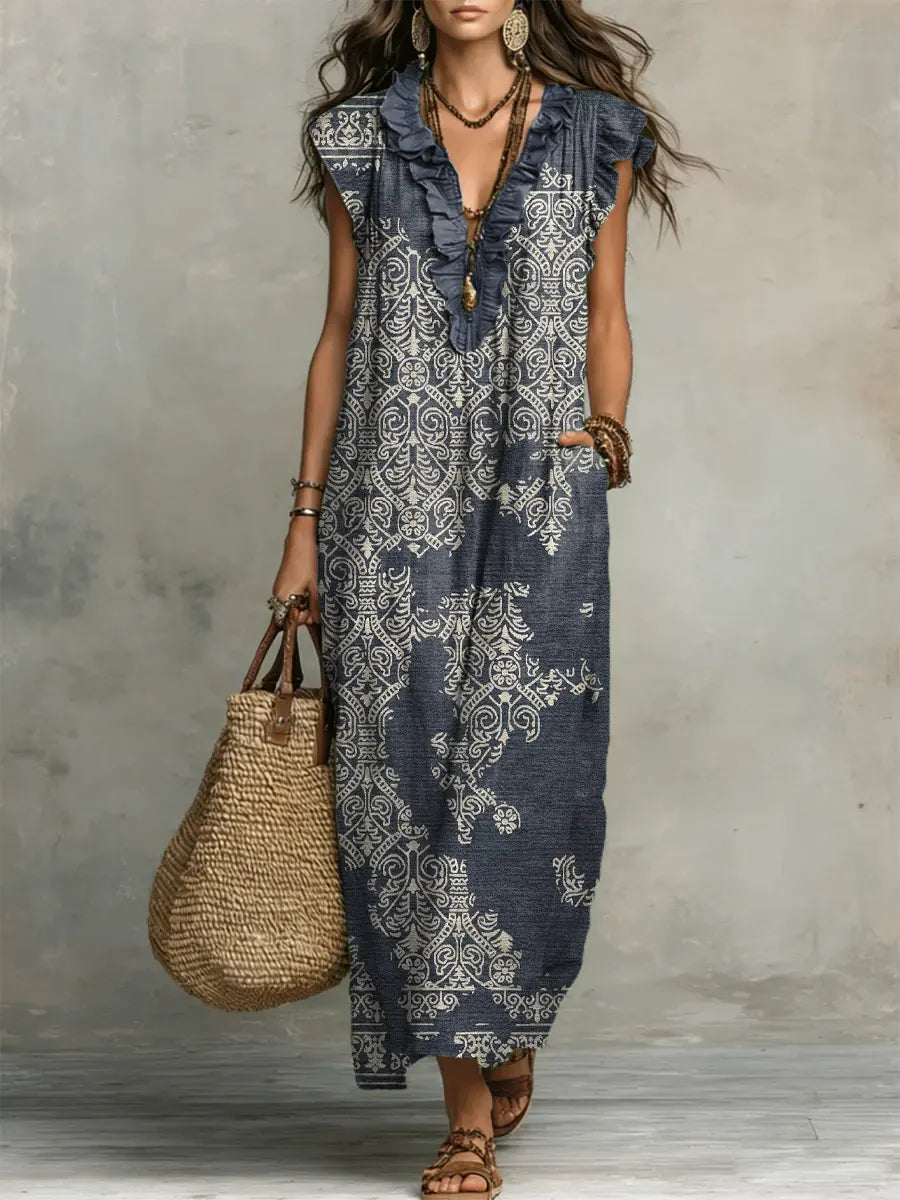 Women's Retro Pattern Art Print Casual Ruffled Stylish Cotton Linen Dress